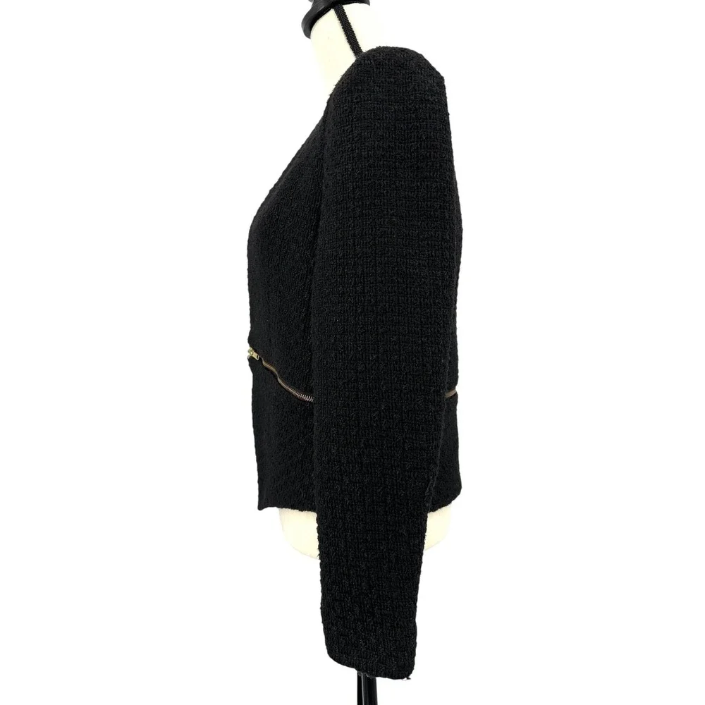 GIANNI BINI Women's L Black Tweed Cocktail Jacket with Edgy Gold Zipper Details - Picture 3 of 13